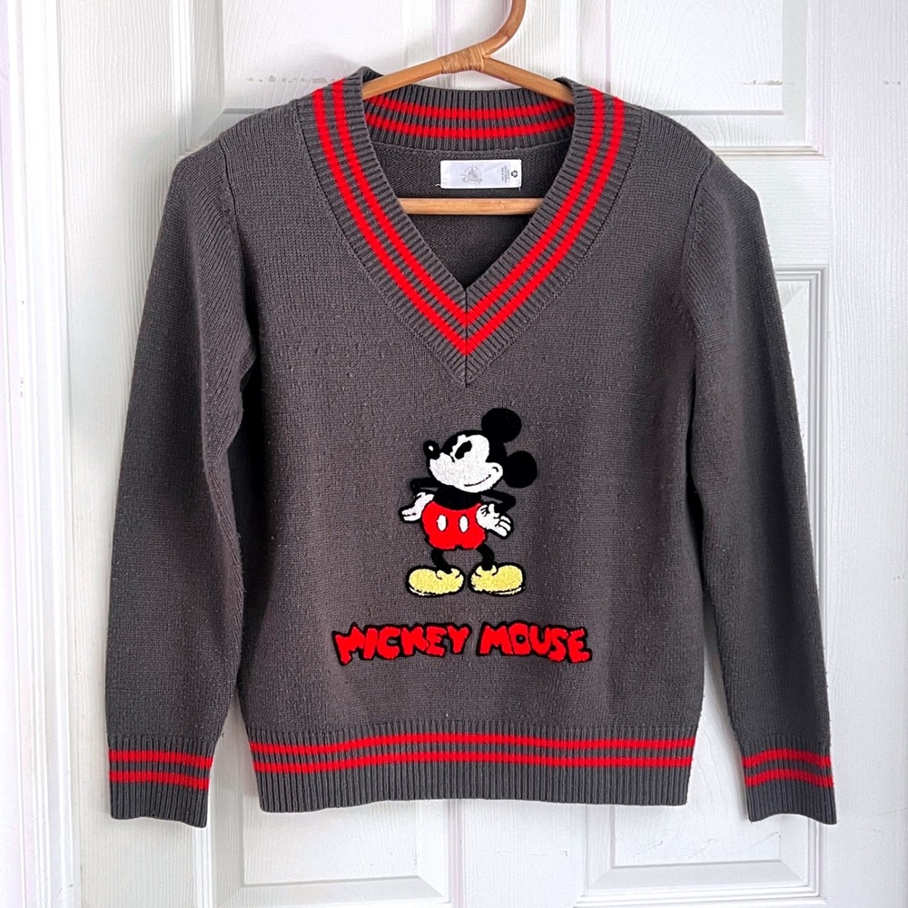 Disney Mickey Mouse V-Neck Sweater Unisex Varsity Knit Gray Red Disneycore